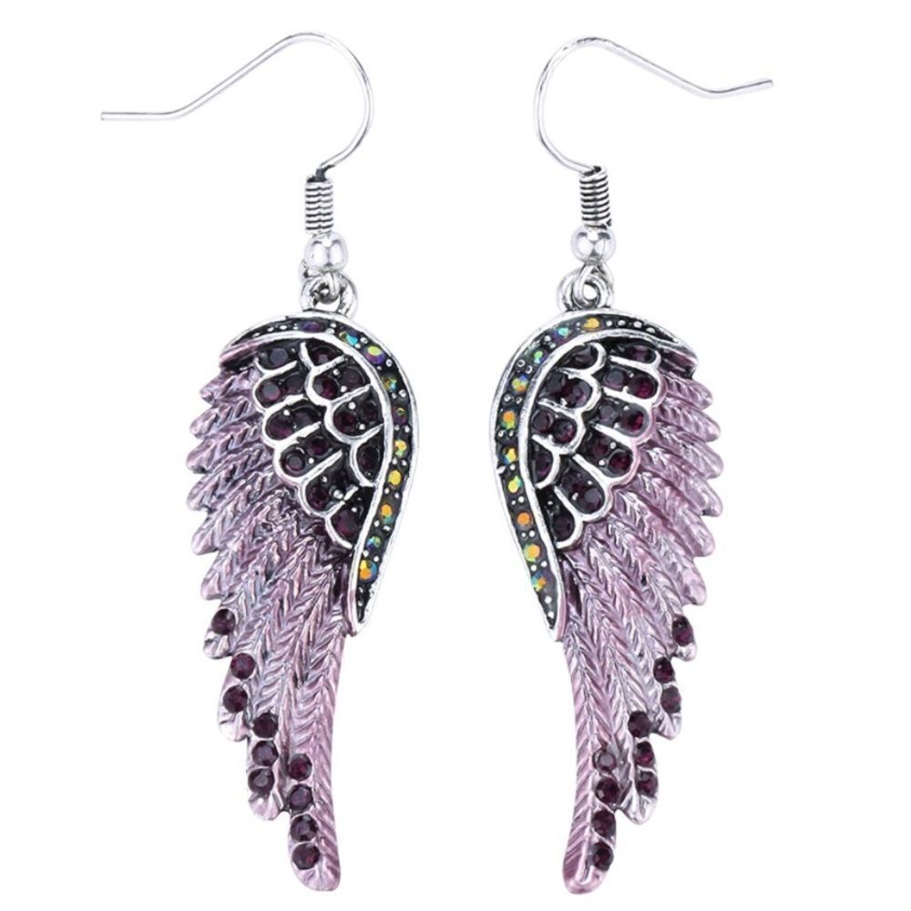 Silver with Purple Amethyst and AB Crystal Angel Wing Dangle Drop Hook Earrings